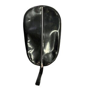 Vintage Black Patent Vinyl Oval Shoe Bag Toiletry Case Zippered Used